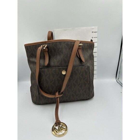 MICHAEL KORS Jet Set Medium Top Zip Signature Logo Tote Brown Luggage - Picture 1 of 10